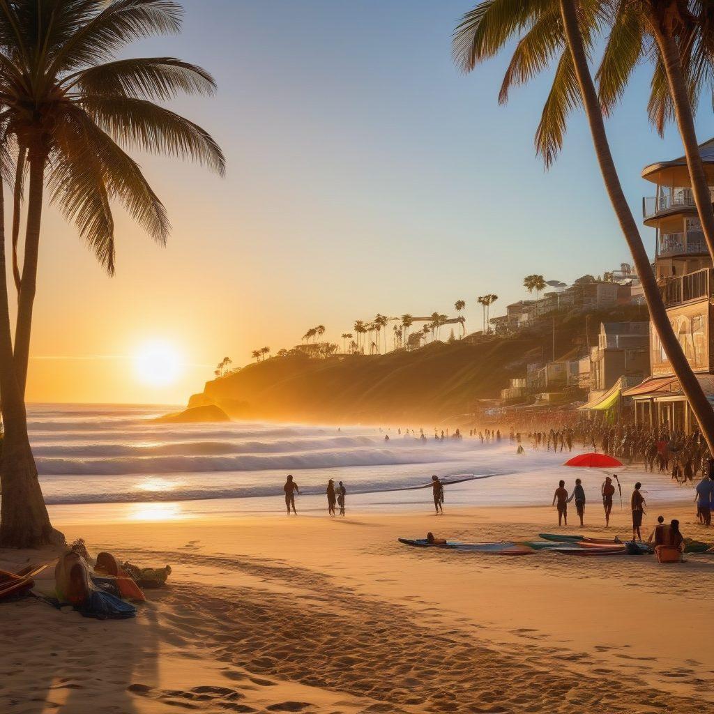 A vibrant beach scene showcasing surfers riding powerful waves at golden hour, with cheerful beachgoers and a bonfire in the foreground. Bright surfboards are propped up on the sand and colorful beach umbrellas dot the shoreline, embodying a lively community atmosphere. Incorporate elements of local surf culture, such as artistic murals and surf shops in the background. super-realistic. vibrant colors. dynamic perspective.